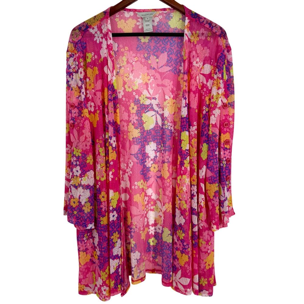 NEW NWOT MULTIPLES Plus Size 2X Pink Floral Mesh Cover Up Blouse Shirt Top